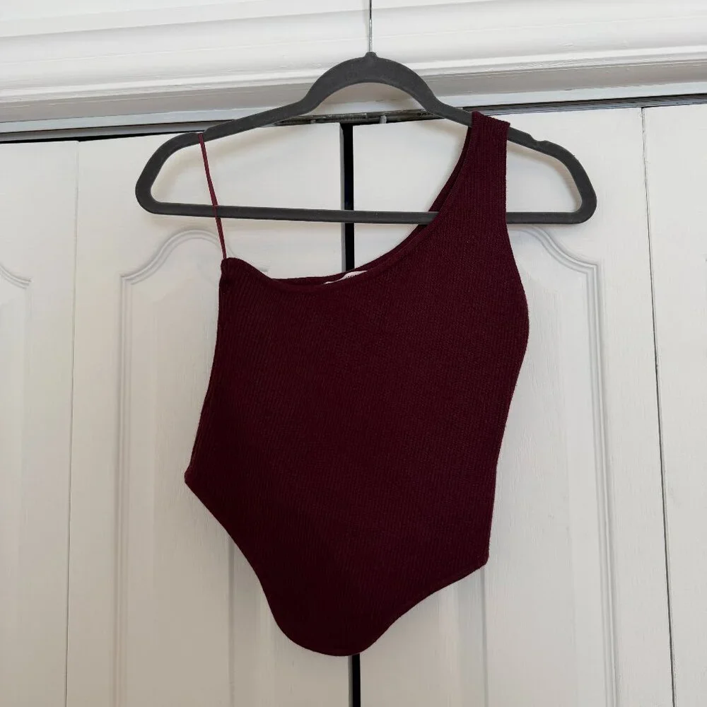 Burgundy One-Shoulder Ribbed Top - Picture 1 of 4